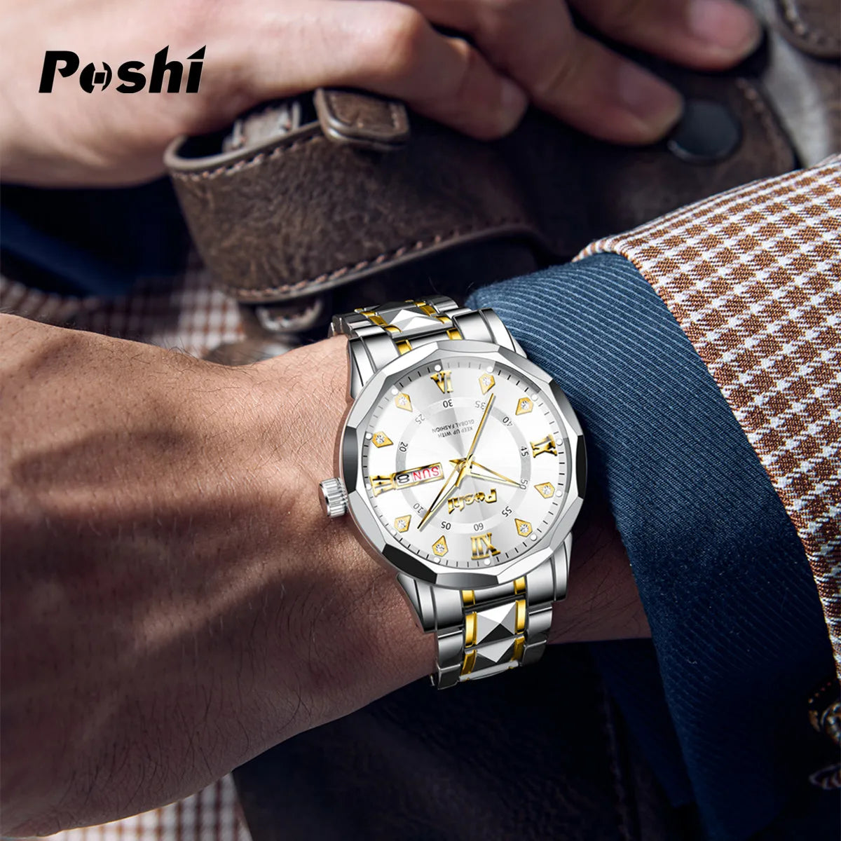 POSHI Men’s Luminous Waterproof Quartz Watch – Dual Calendar.