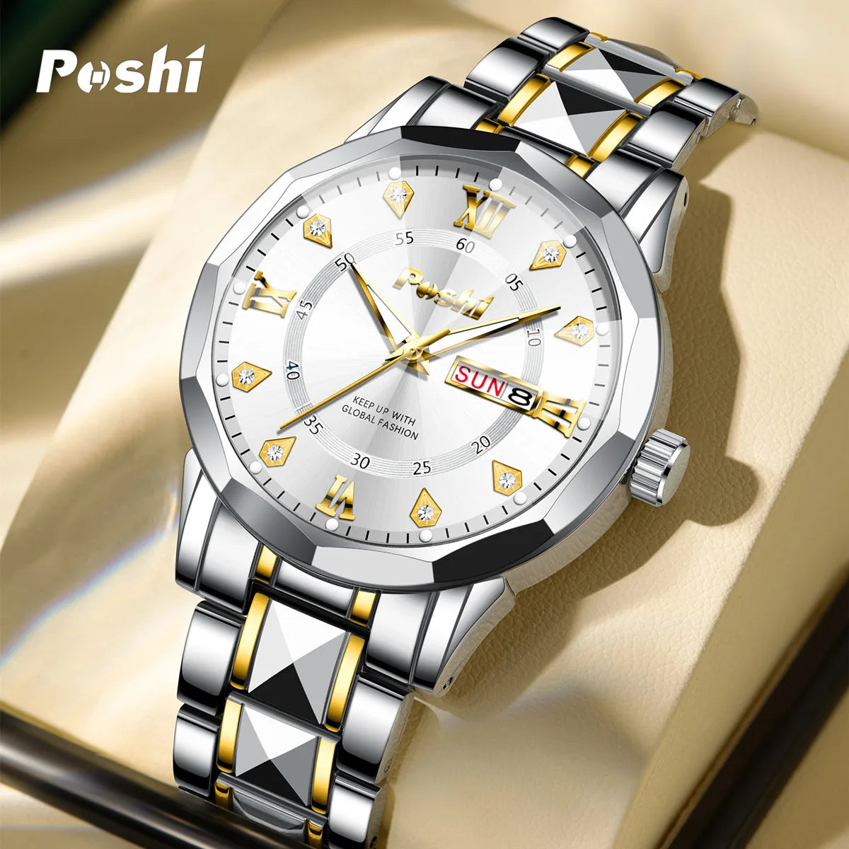 POSHI Men’s Luminous Waterproof Quartz Watch – Dual Calendar.