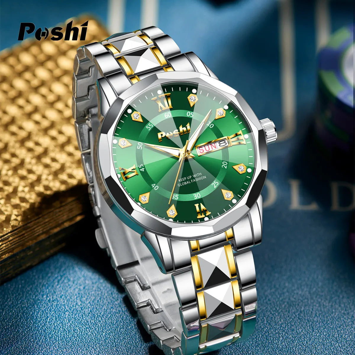 POSHI Men’s Luminous Waterproof Quartz Watch – Dual Calendar.