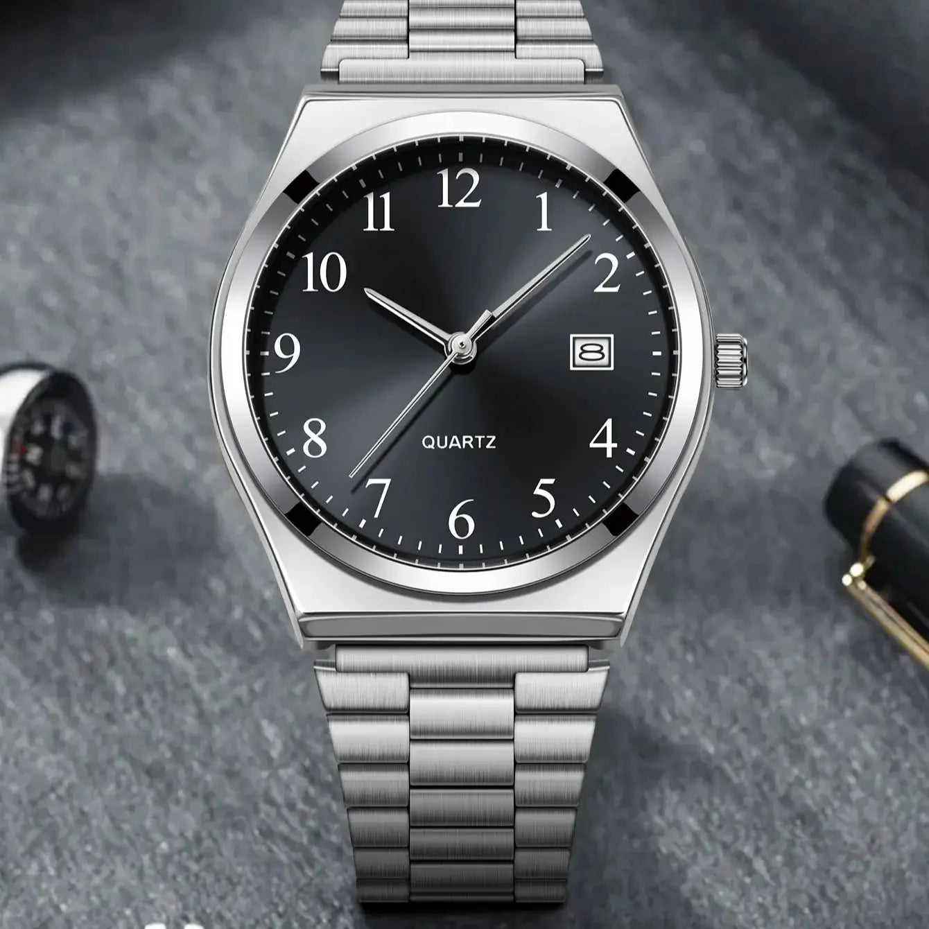 LUCKY FOX - Stylish & Minimalist Stainless Steel Wristwatch with Black Dial - Precise Timekeeping for Everyday
