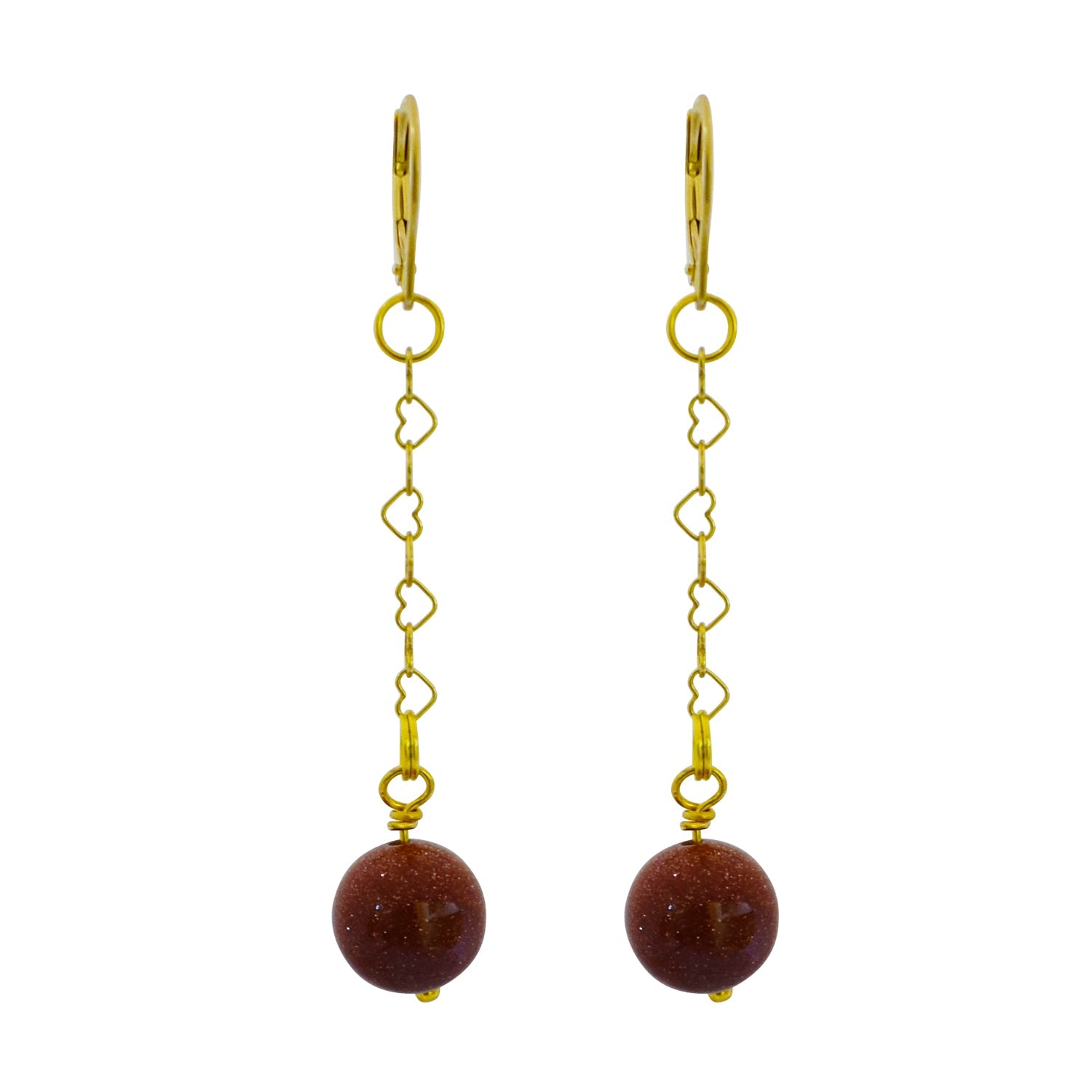 Brown Goldstone and Yellow Gold Vermeil Earrings, Heart Chain Earrings, Bloom Collection  | by nlanlaVictory-2